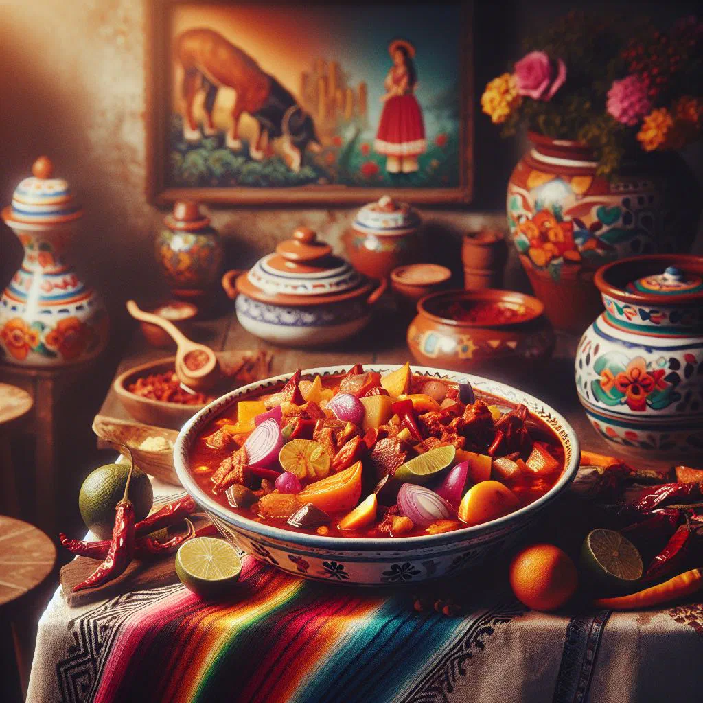Manchamanteles stew with chicken, pineapple and potatoes in a rich red sauce