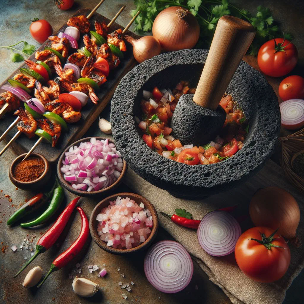 Sizzling molcajete mixto with beef, chicken, seafood and grilled vegetables in a stone bowl