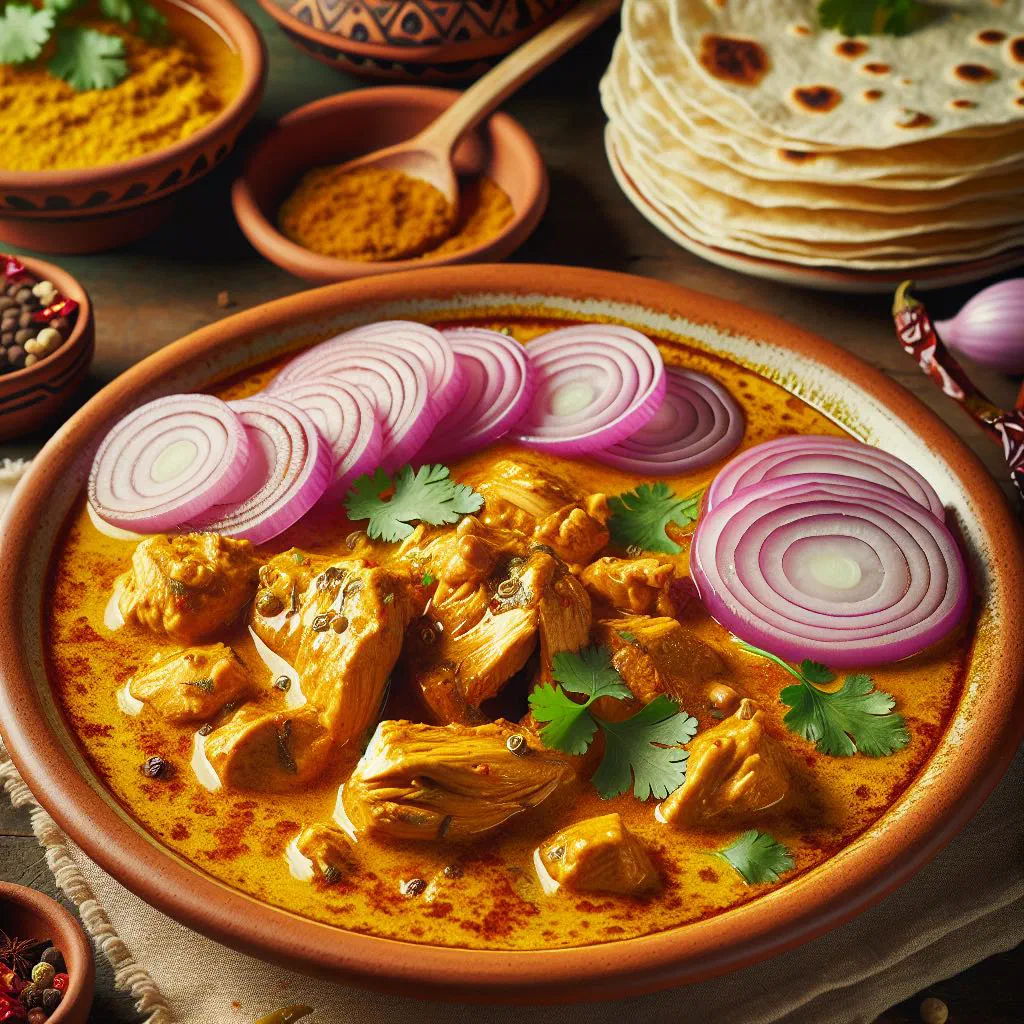 A bowl of golden mole amarillo sauce served with chicken and fresh coriander