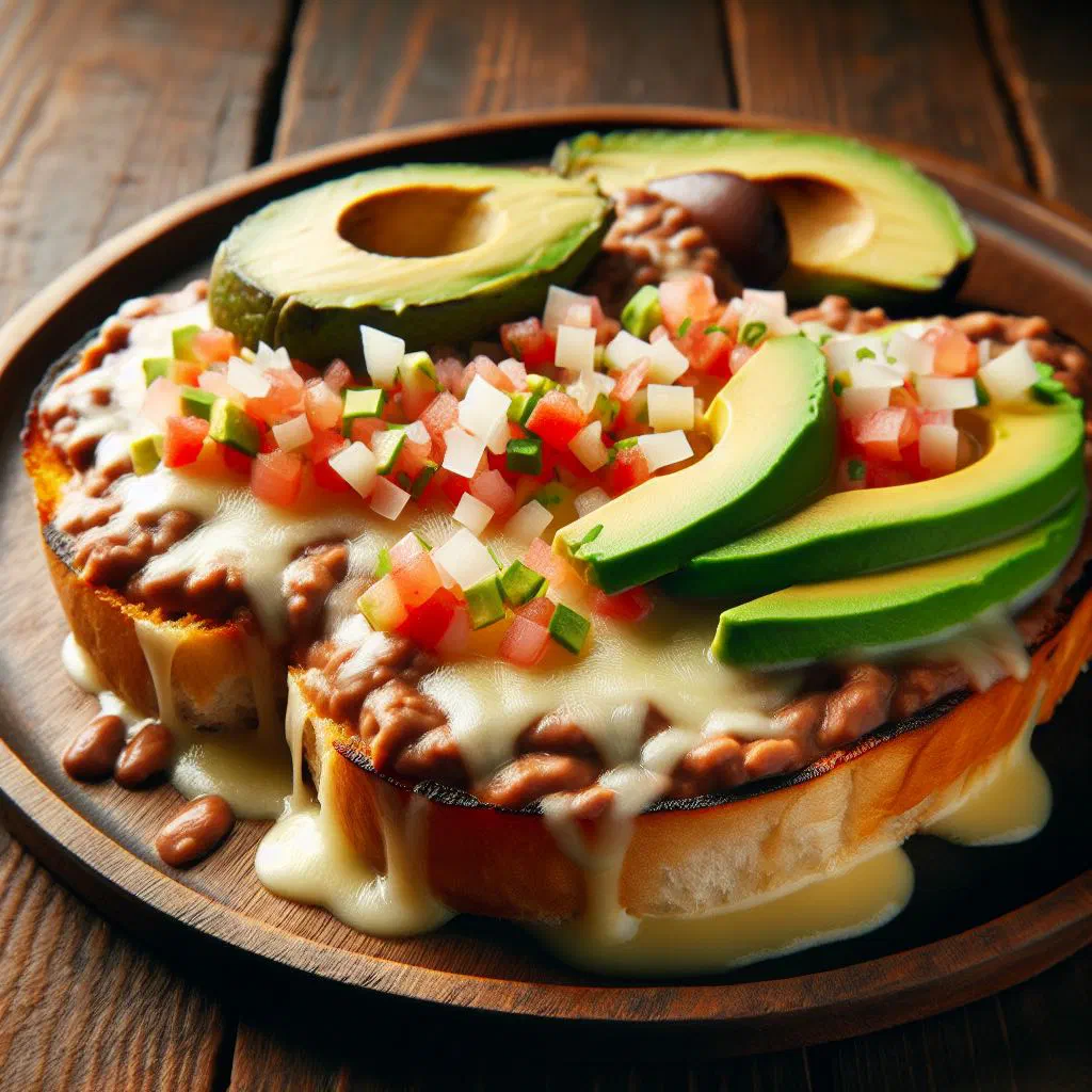 Open Mexican molletes topped with refried beans, melted cheese and pico de gallo