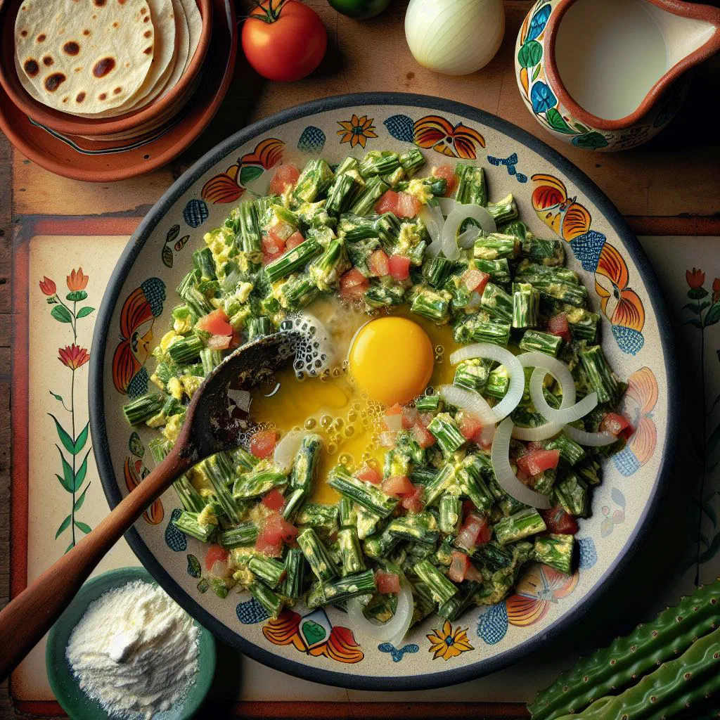 Nopales con huevo with cactus strips, scrambled eggs and fresh coriander