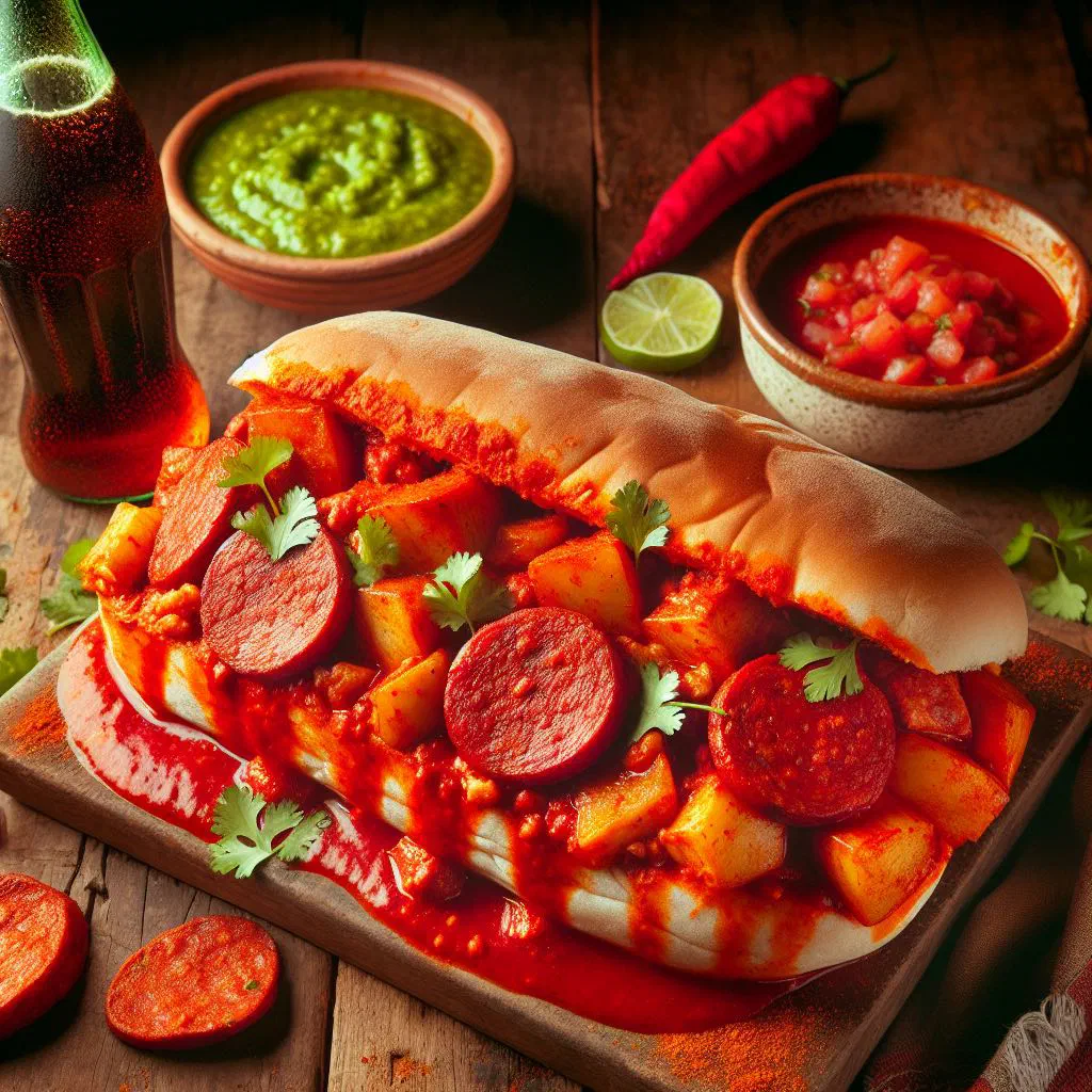 Pambazos filled with potato and chorizo, dipped in red guajillo sauce and garnished with onion and coriander