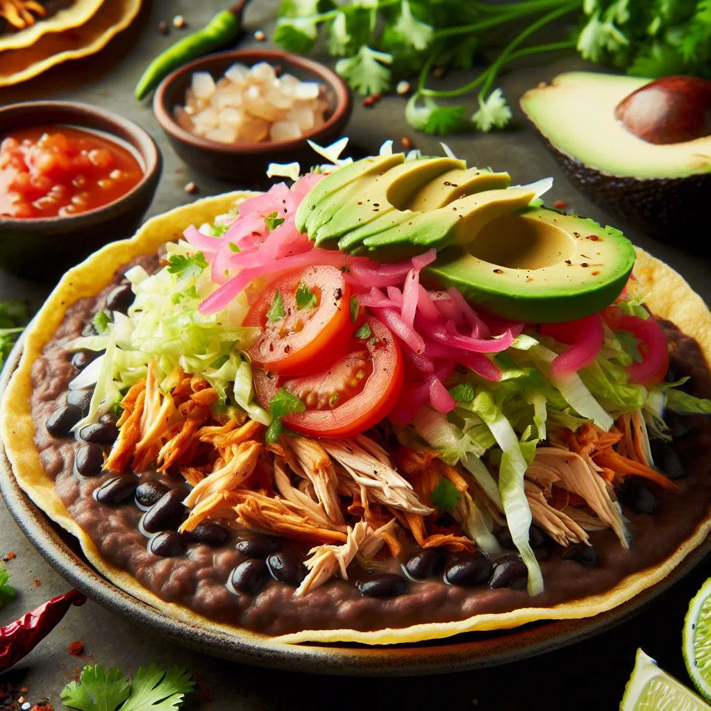 Crispy panuchos topped with shredded chicken, onion and salsa