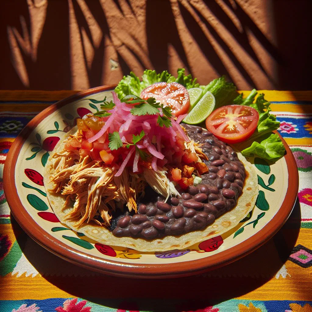 Crispy panuchos topped with shredded meat, avocado and salsa