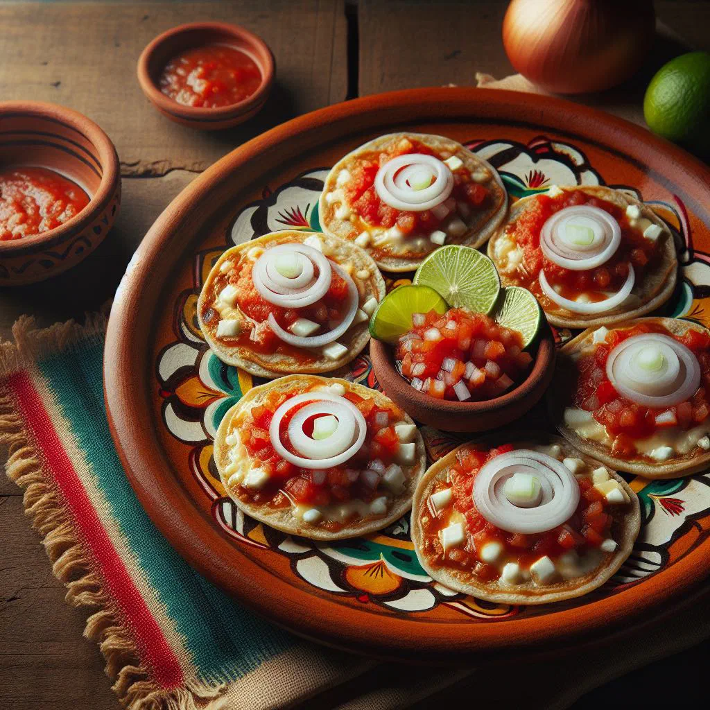 Picadas Veracruzanas topped with beans, salsa, onion and fresh coriander