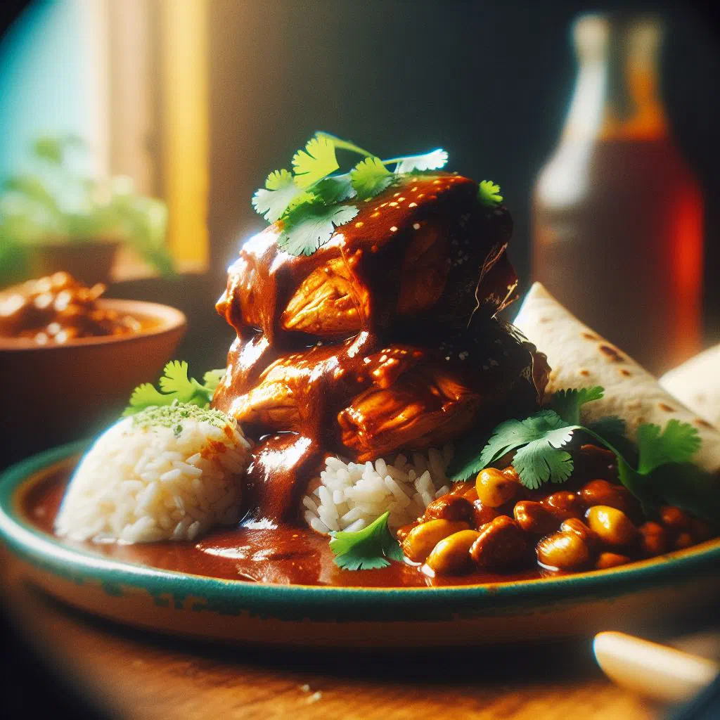 Chicken breast smothered in dark mole sauce, garnished with coriander and peanuts