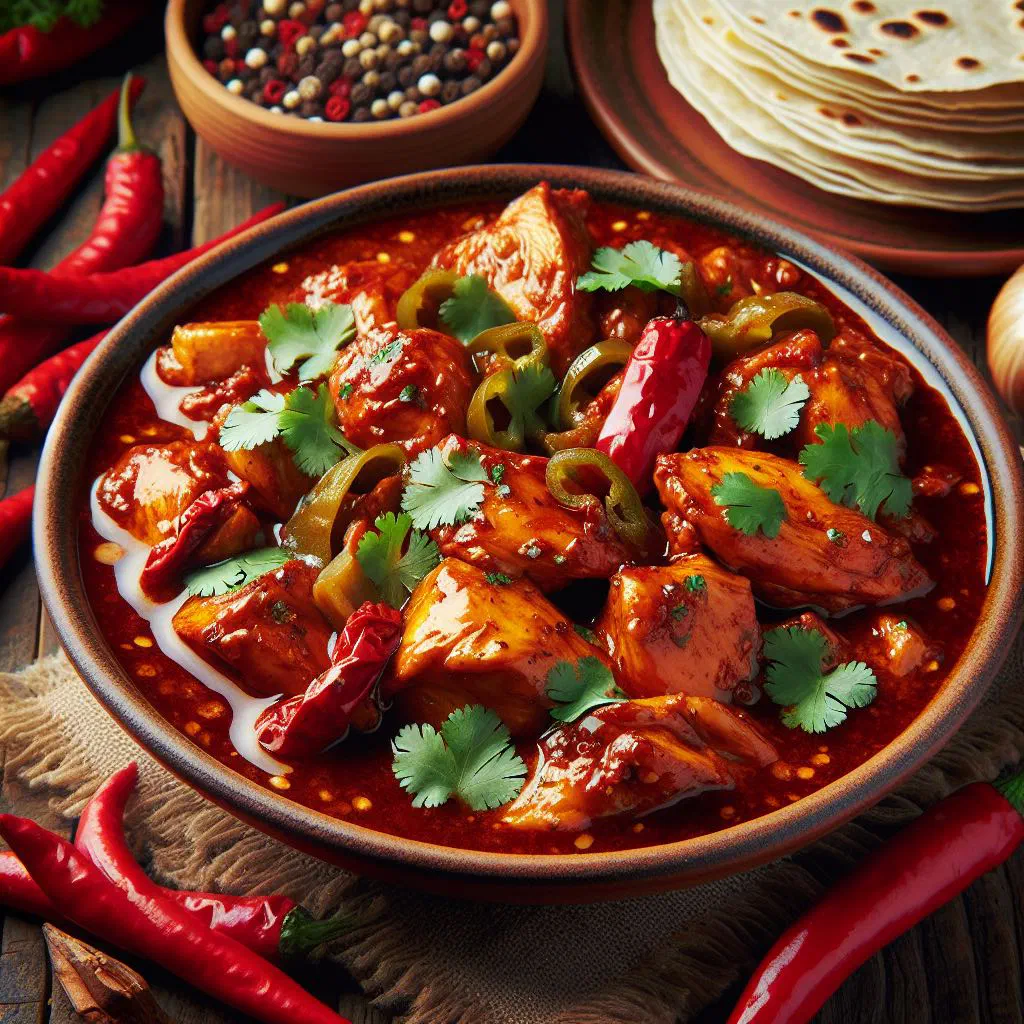 Pollo en adobo, tender chicken in a smoky chipotle marinade, garnished with fresh coriander