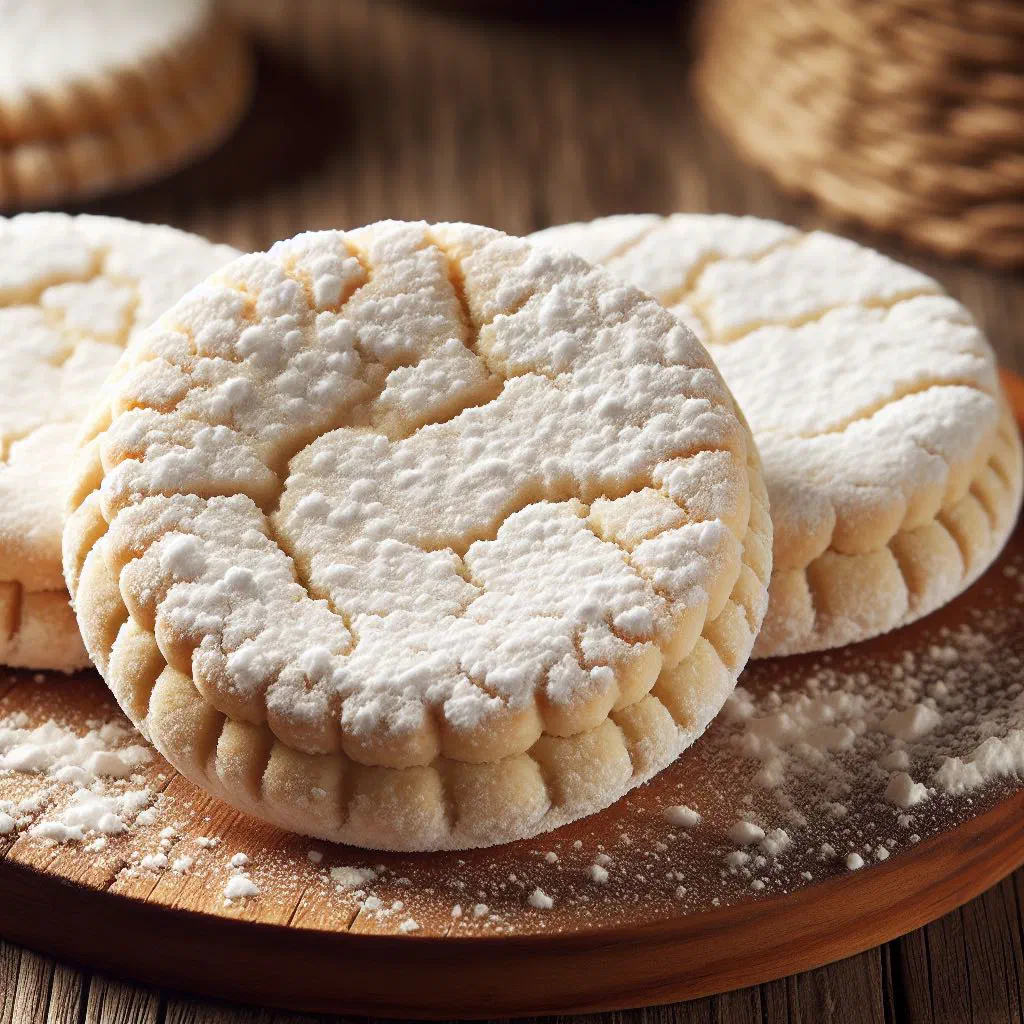 Mexican polvorones dusted with icing sugar on a plate