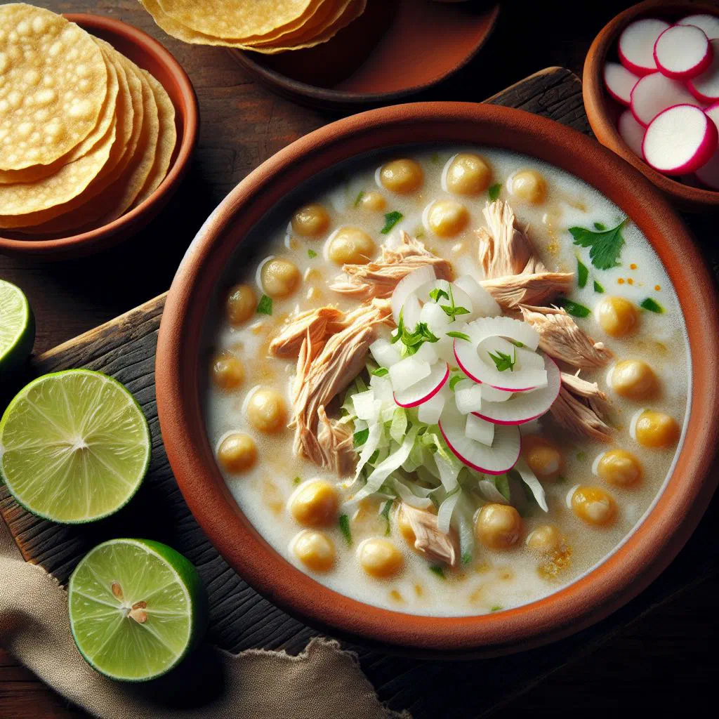 Bowl of white pozole topped with sliced radishes, cabbage and lime