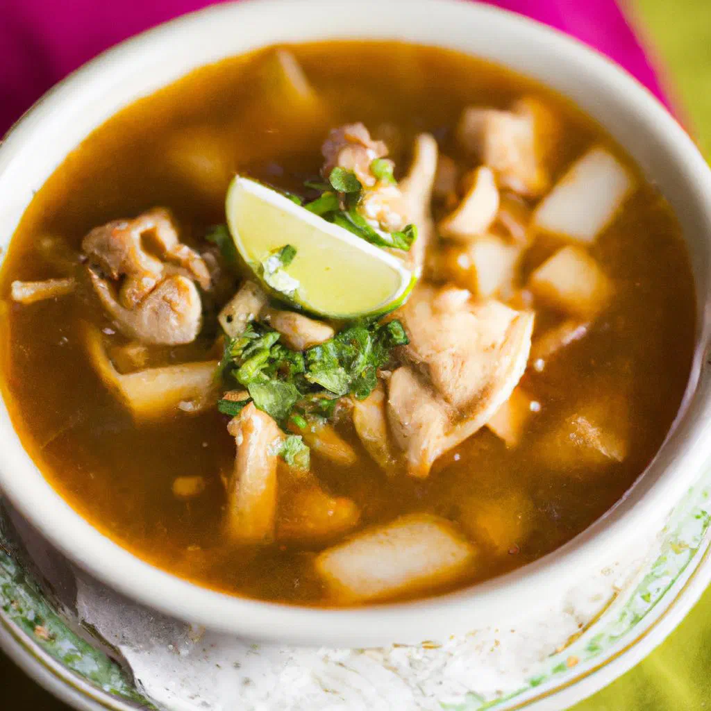 Bowl of pozole with hominy, pork and fresh garnishes of radish and lime