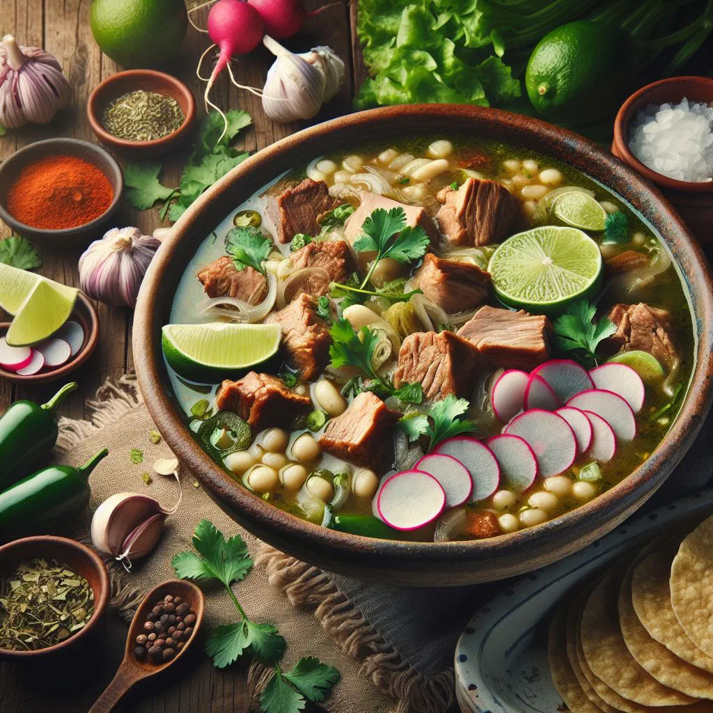 Bowl of pozole verde with hominy, shredded meat and fresh garnishes