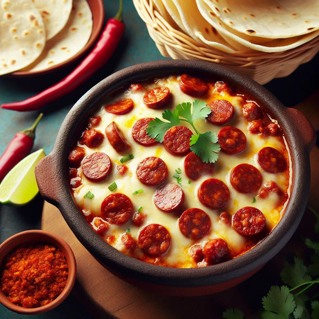 Bubbling skillet of melted cheese with chorizo and tortillas