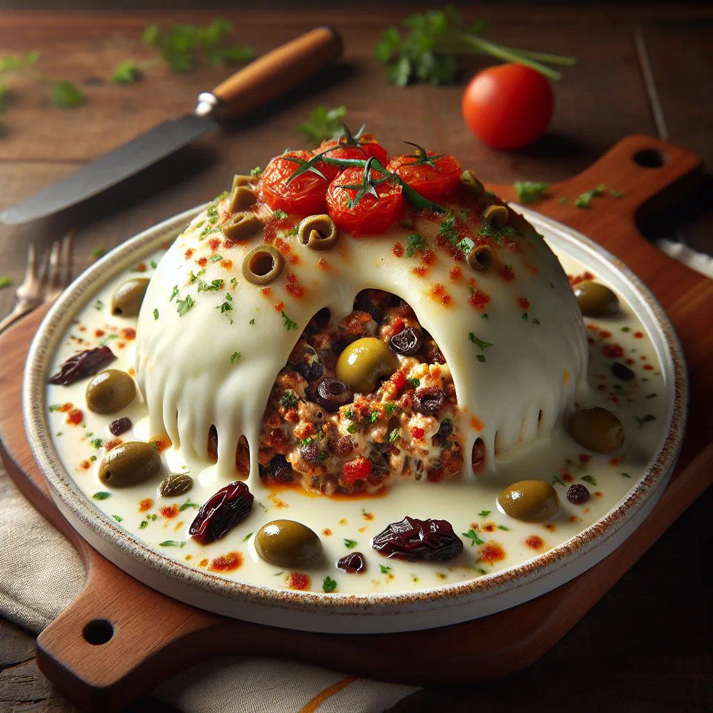 Baked stuffed cheese with golden crust on a serving dish