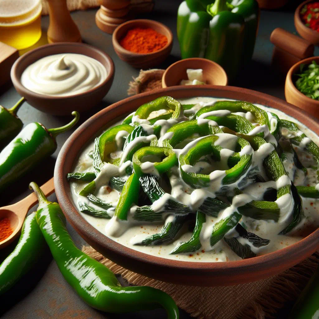 Rajas con crema with creamy poblano pepper strips and melted cheese