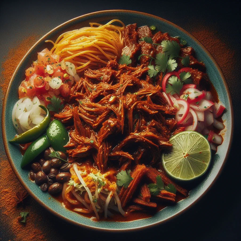 Shredded beef ropa vieja in tomato sauce with peppers, served with rice