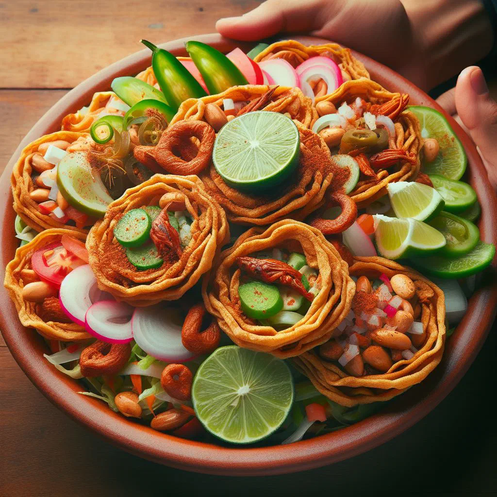 Crispy fried salbutes topped with shredded chicken, tomato, avocado and coriander