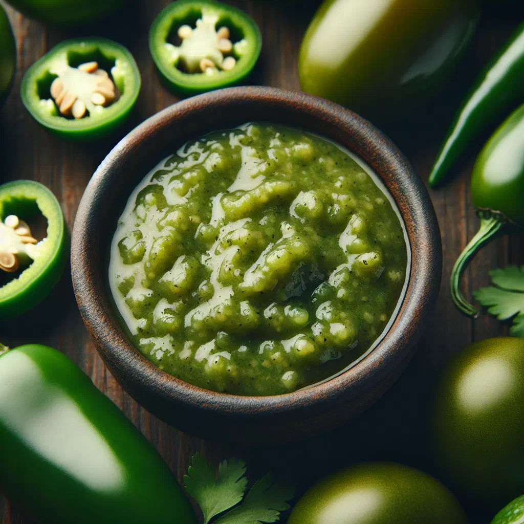 Bowl of bright green salsa verde with tortilla chips and lime