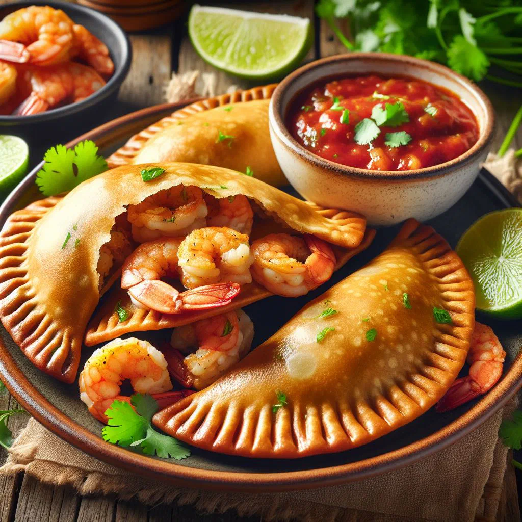 Golden fried shrimp empanadas garnished with fresh coriander