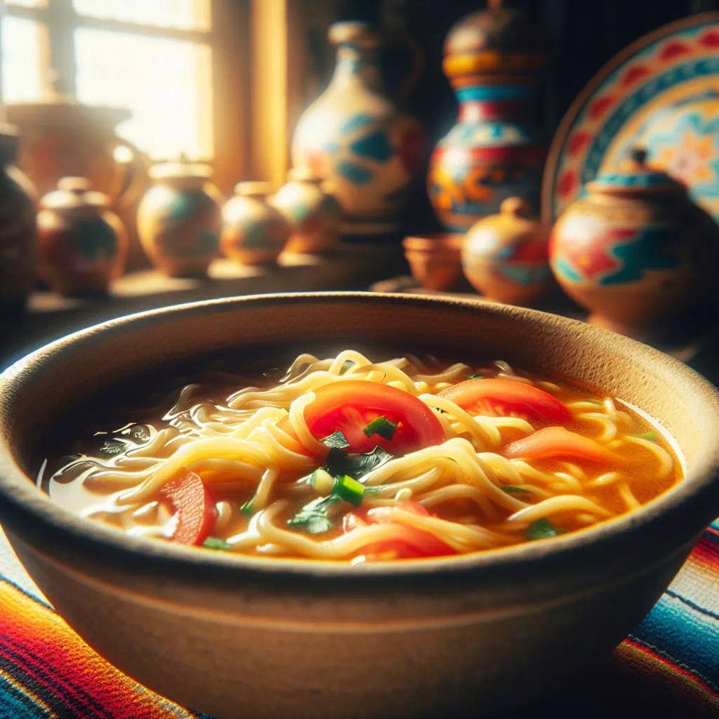 Bowl of sopa de fideo with thin noodles in a tomato broth, garnished with coriander and lime
