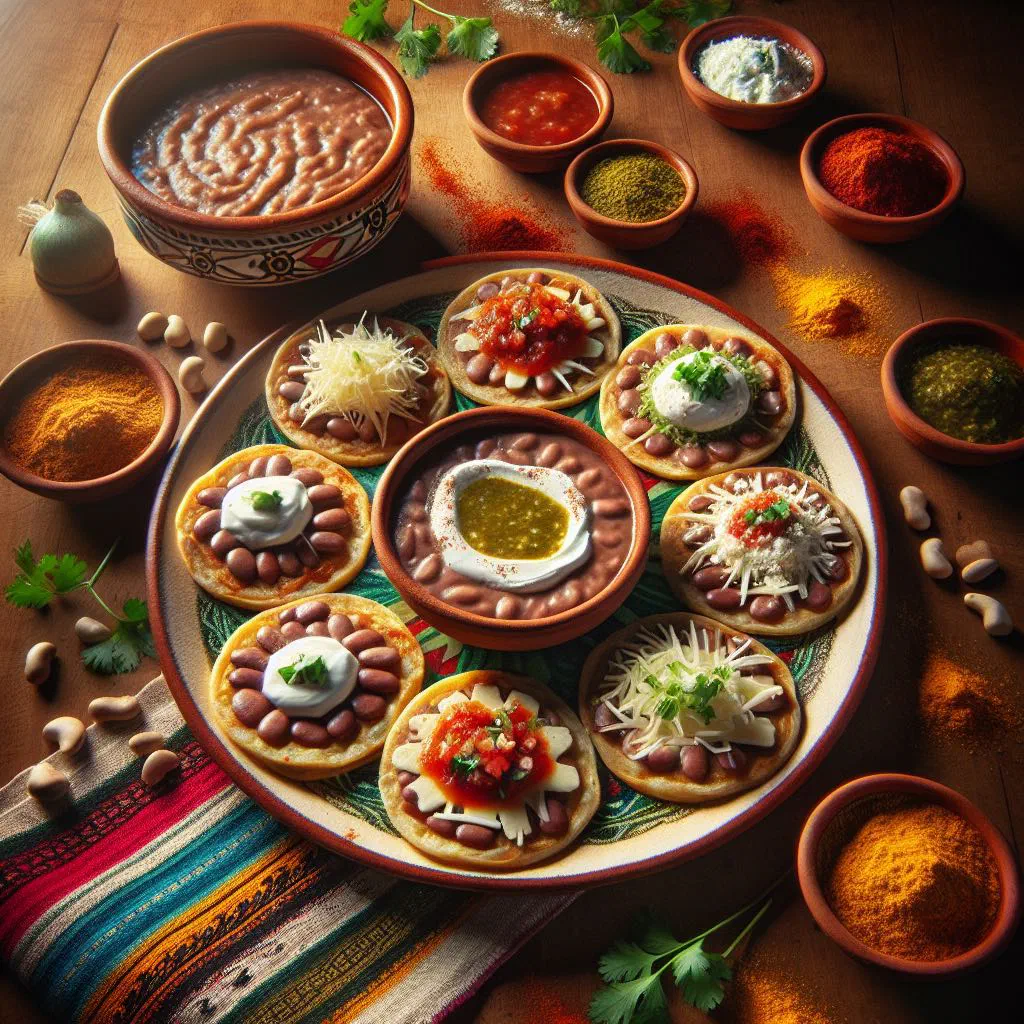 Sopes de frijol topped with black bean paste, fresh vegetables and cream