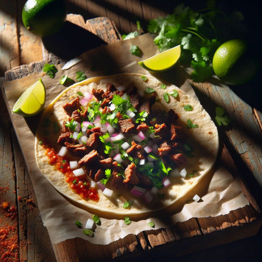 Grilled tacos al carbon on corn tortillas with onion, tomato and avocado