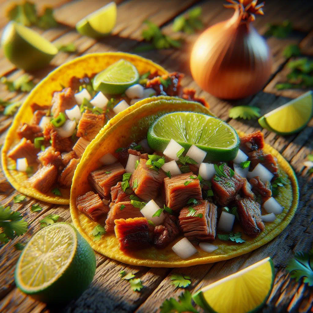 Tacos al pastor topped with grilled pineapple, onion and coriander