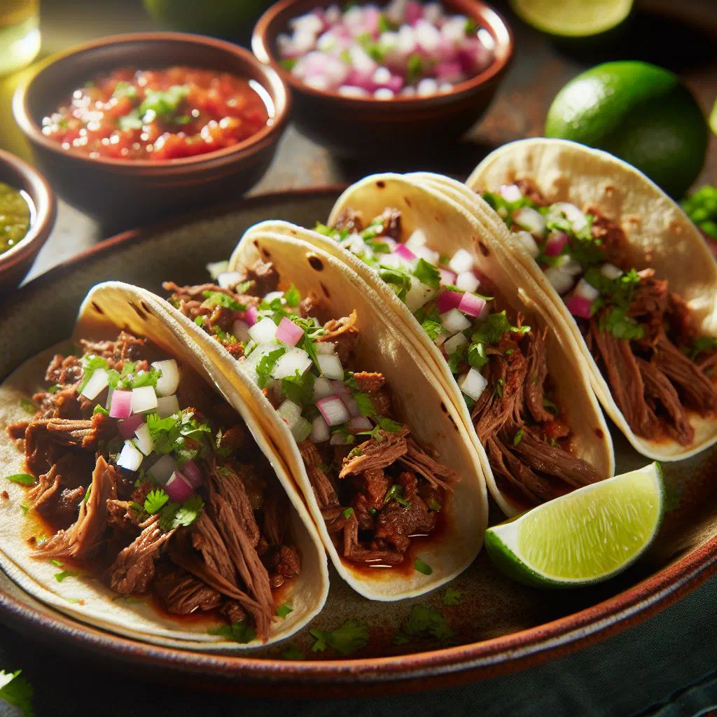 Tacos de barbacoa with shredded beef, onion, coriander and lime on corn tortillas