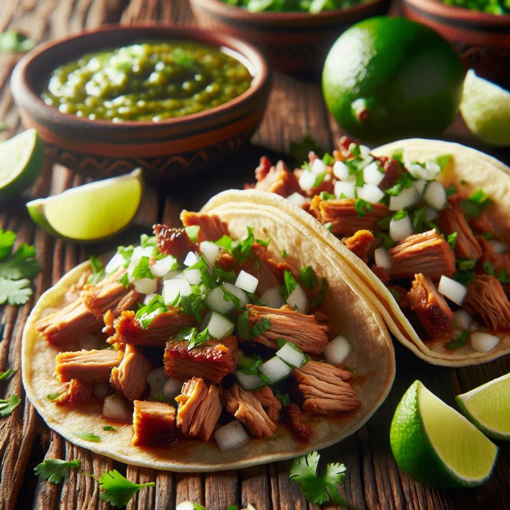Tacos de carnitas with tender pulled pork, onion, coriander and lime