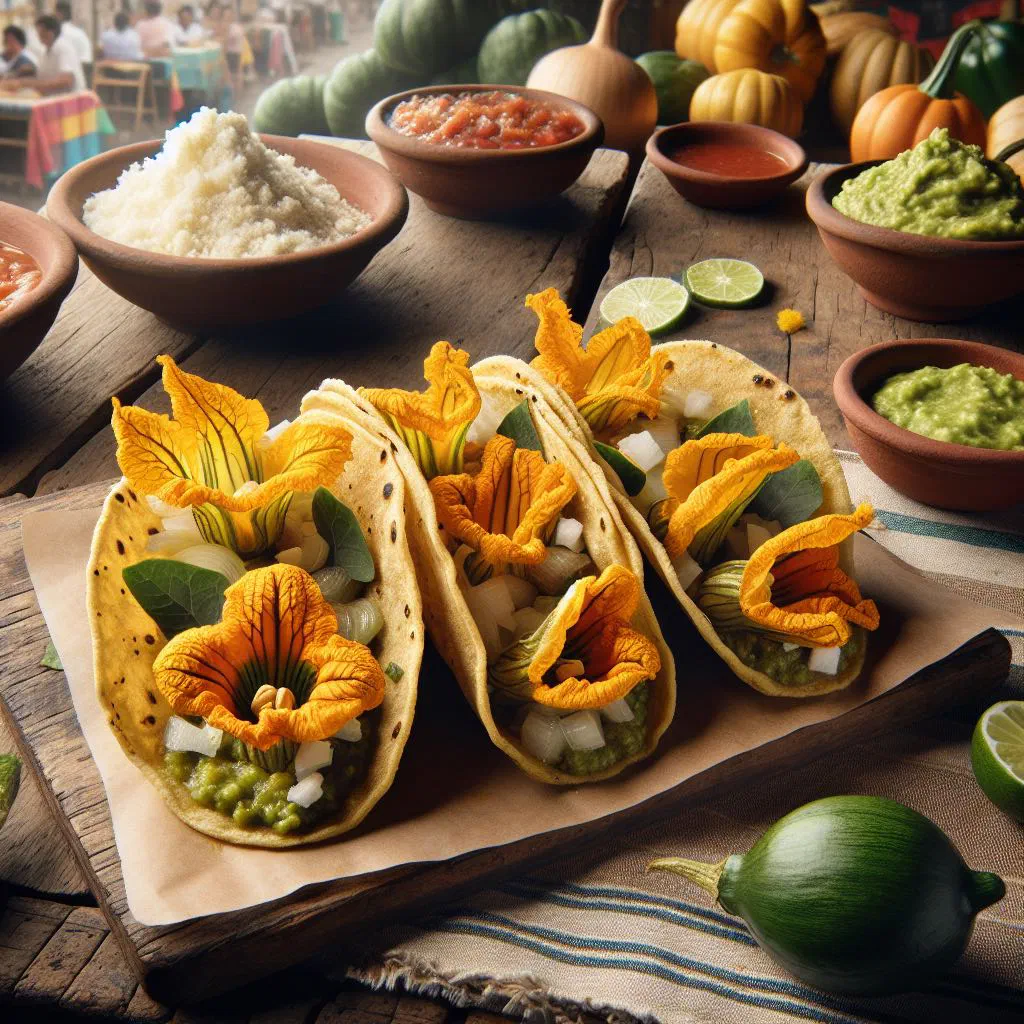 Soft tortillas filled with squash blossoms and melted cheese, garnished with coriander