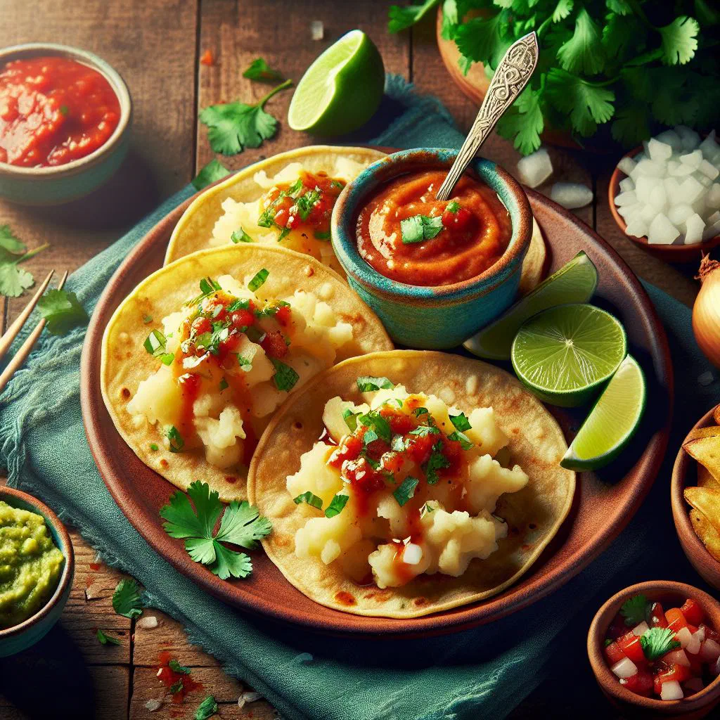 Crispy potato tacos topped with fresh coriander and lime wedges