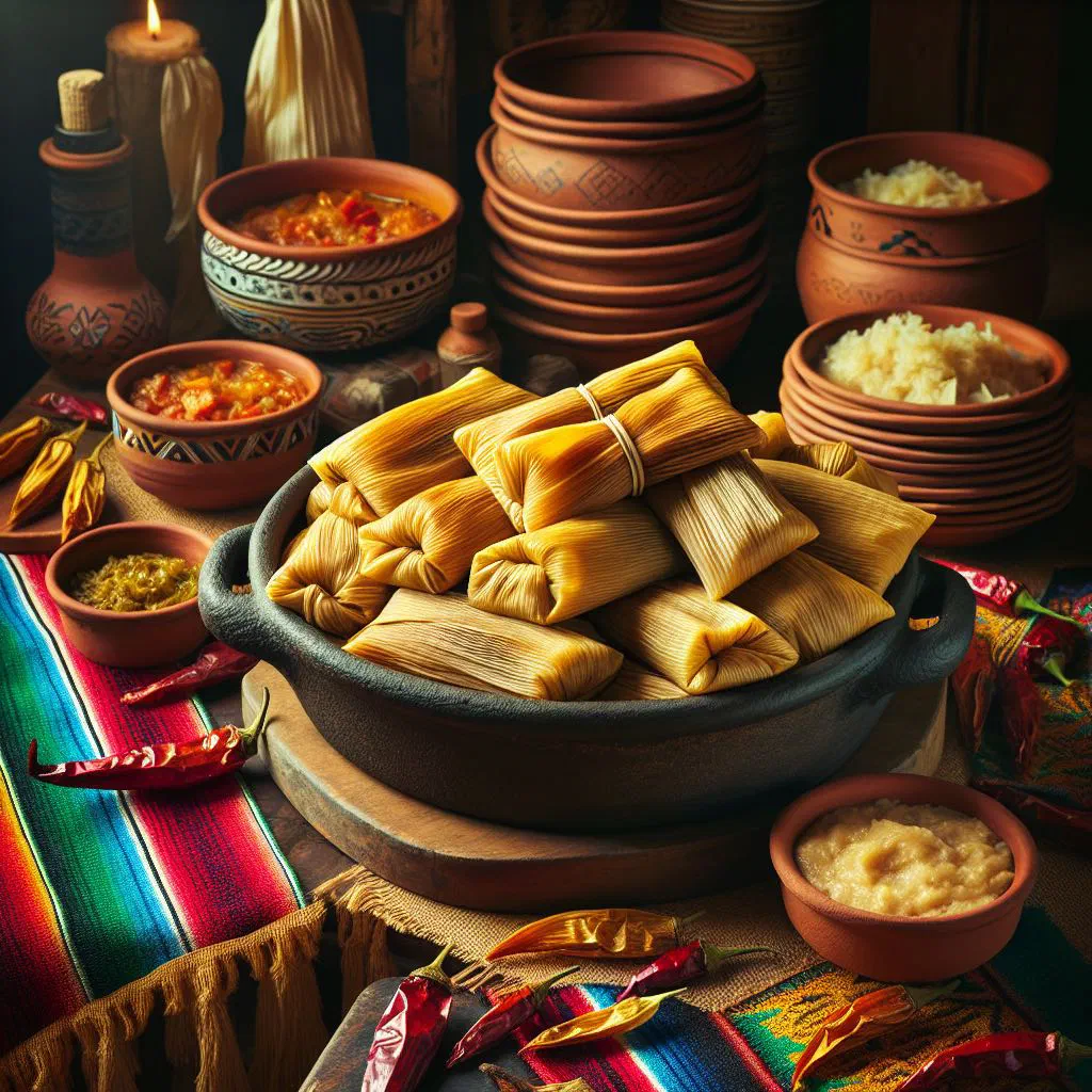 Tamales de cazuela baked in a pot, topped with salsa and fresh herbs