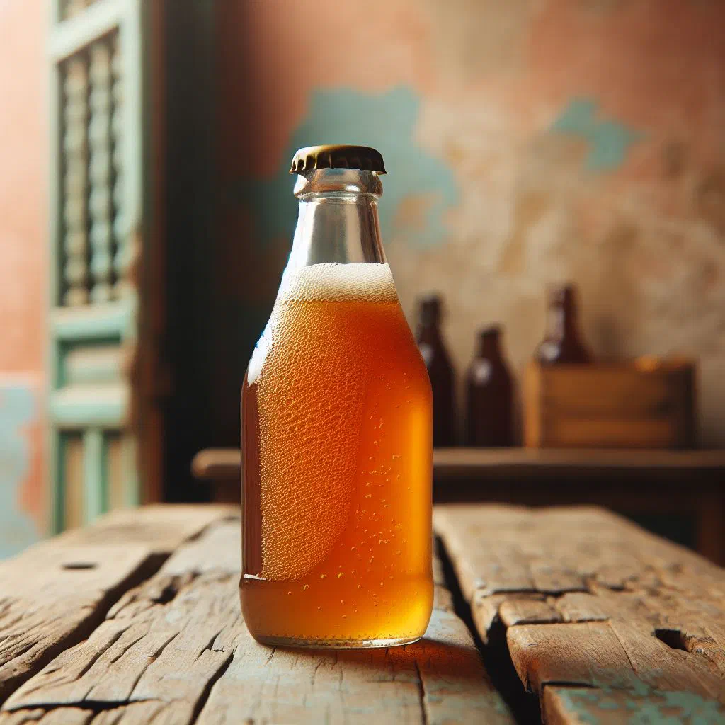 A chilled glass of golden tepache garnished with lime and cinnamon