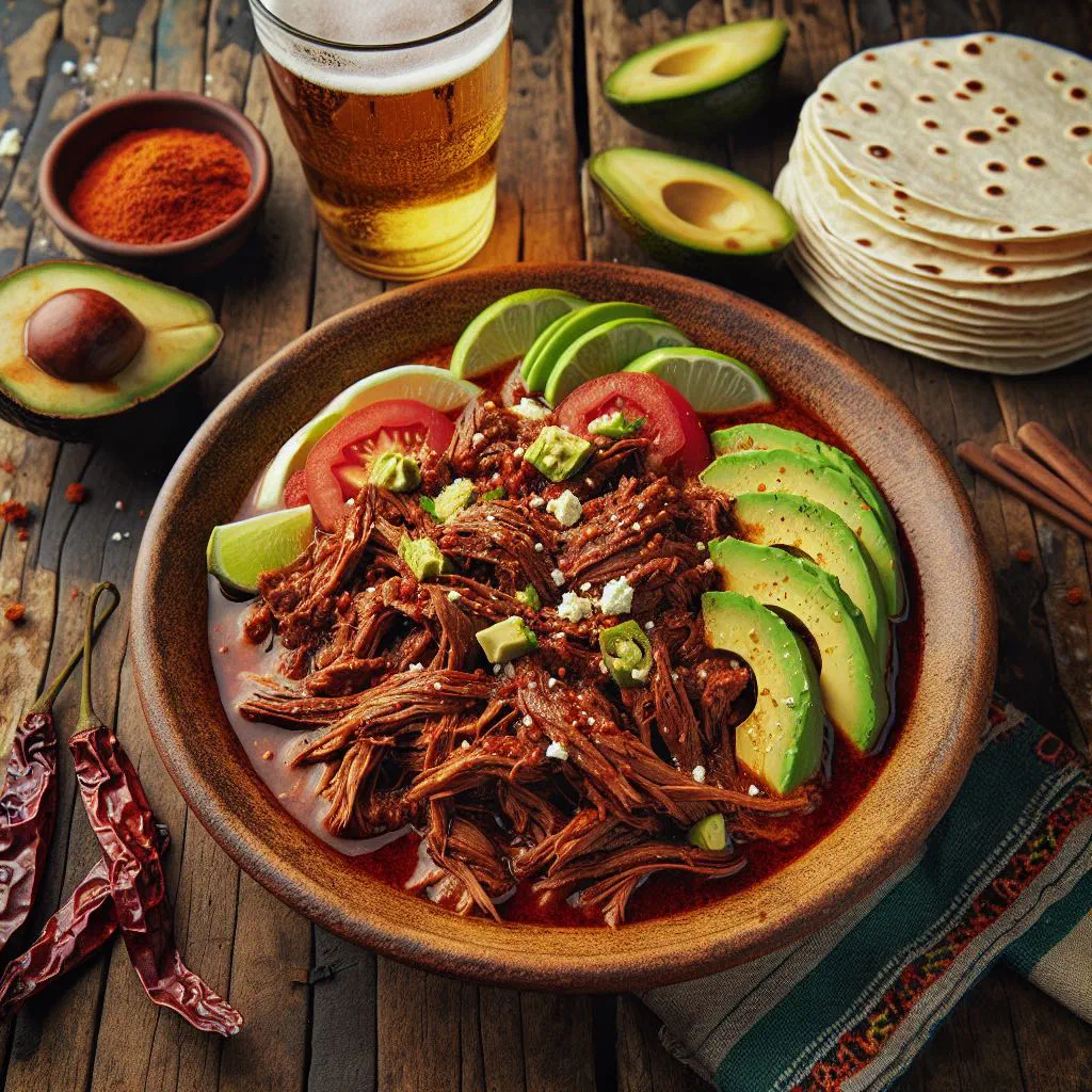 Shredded beef tinga de res in smoky chipotle tomato sauce served on tostadas