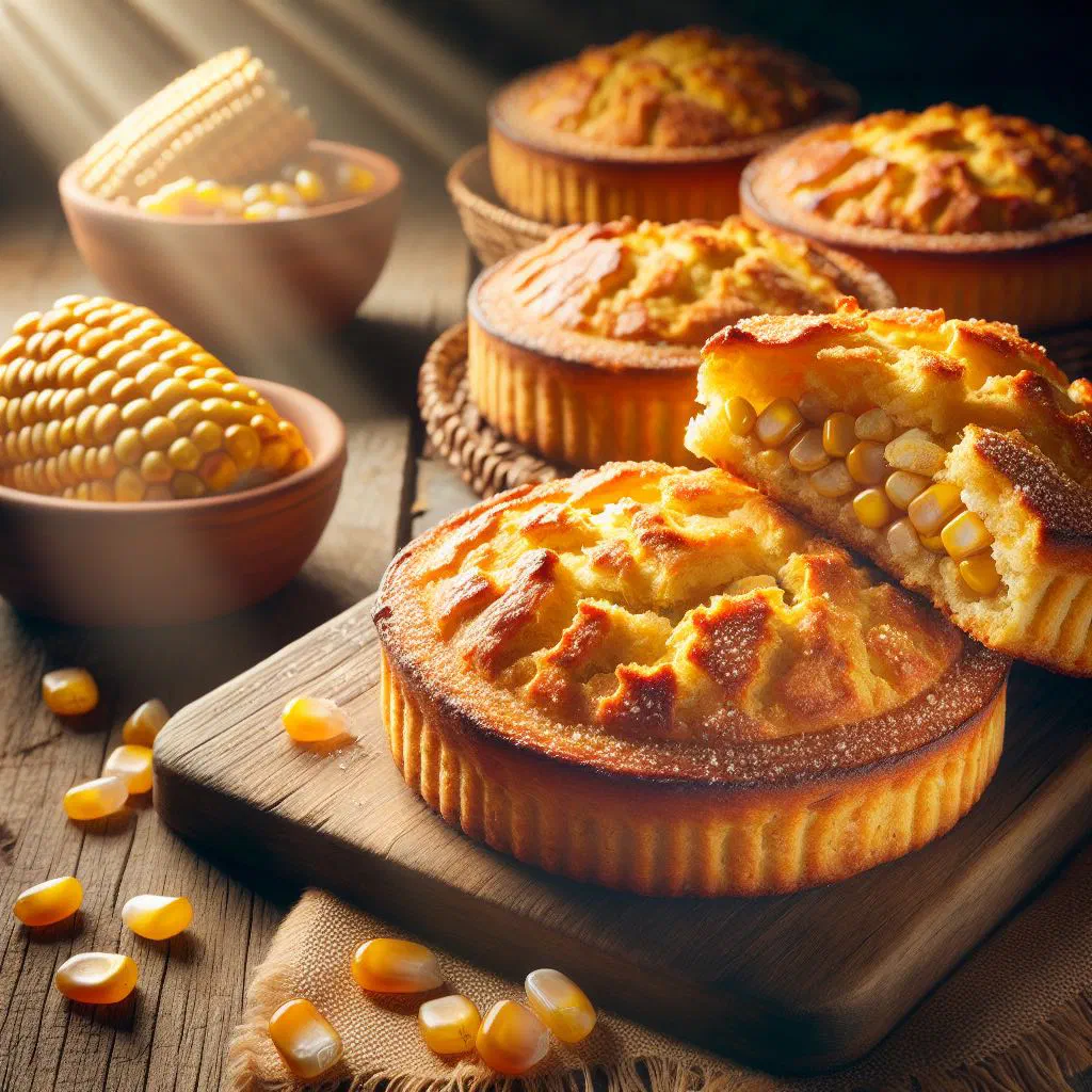Golden sweetcorn cakes cut into squares on a serving plate