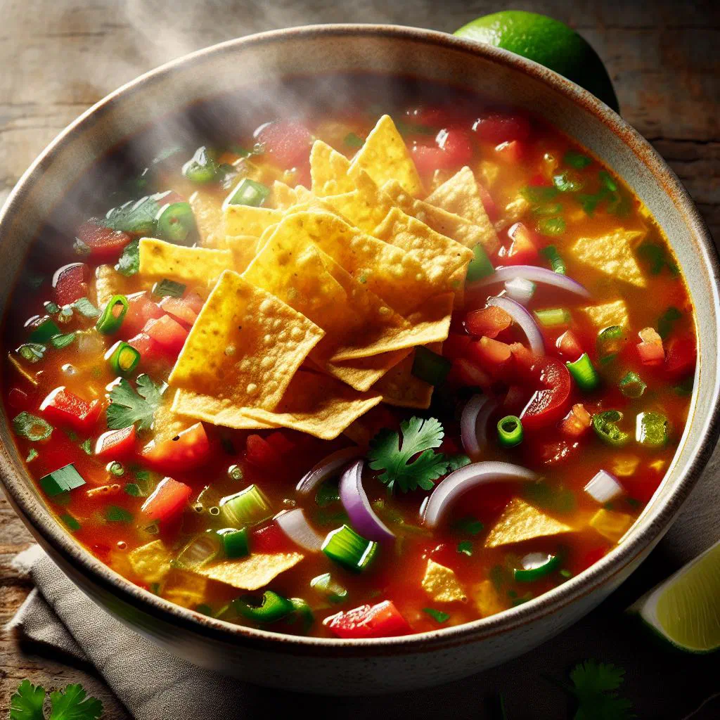 Bowl of Mexican tortilla soup topped with crispy tortilla strips and fresh coriander