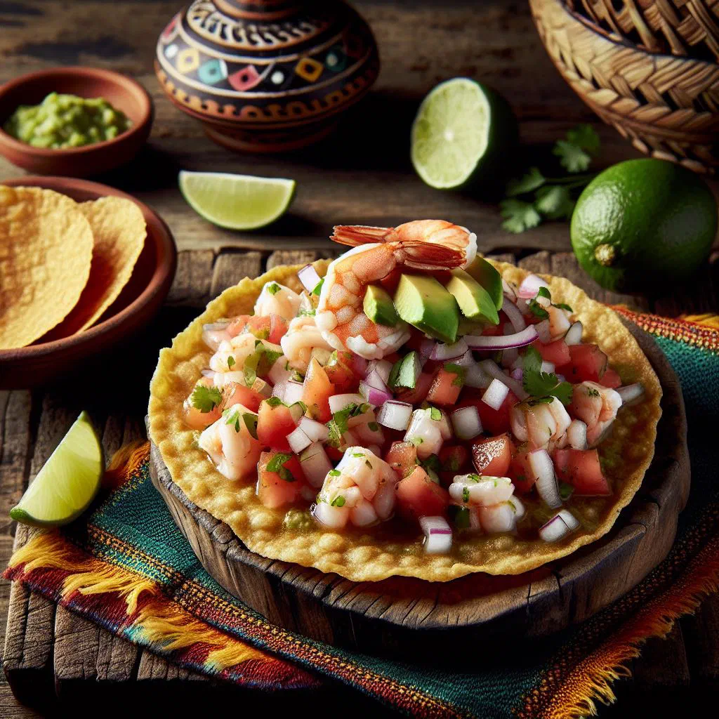 Crisp corn tostadas topped with lime-marinated fish, tomato and avocado