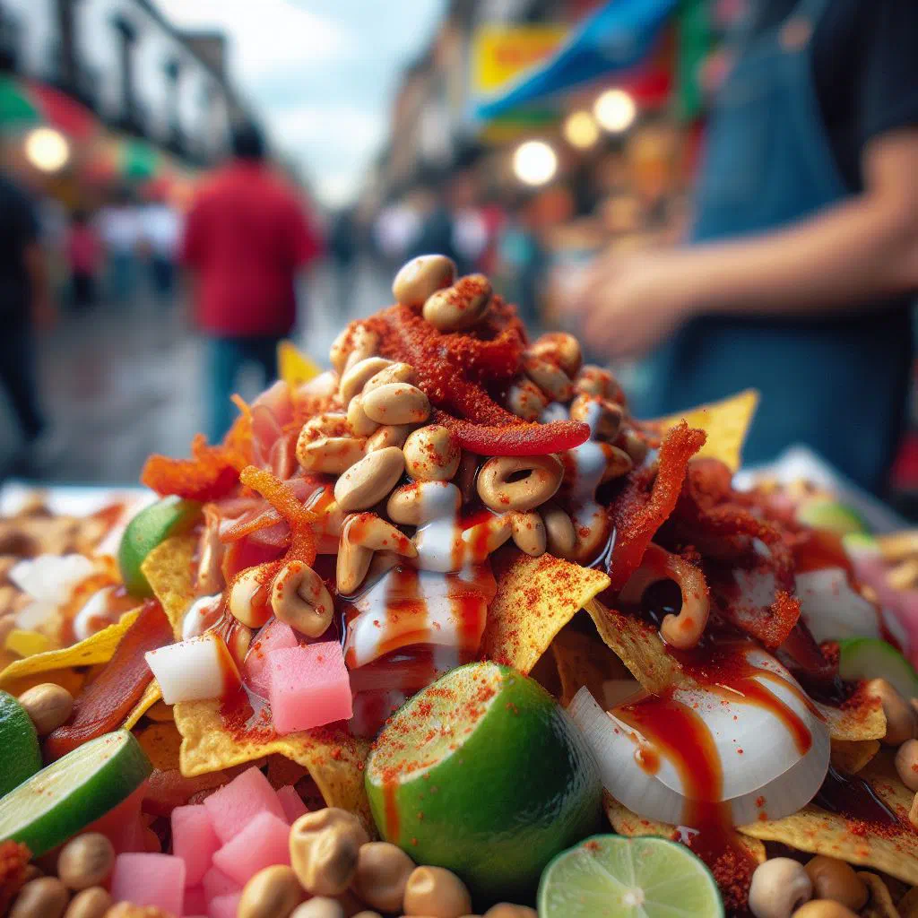 Tostilocos piled with tortilla chips, fresh vegetables, avocado and salsa