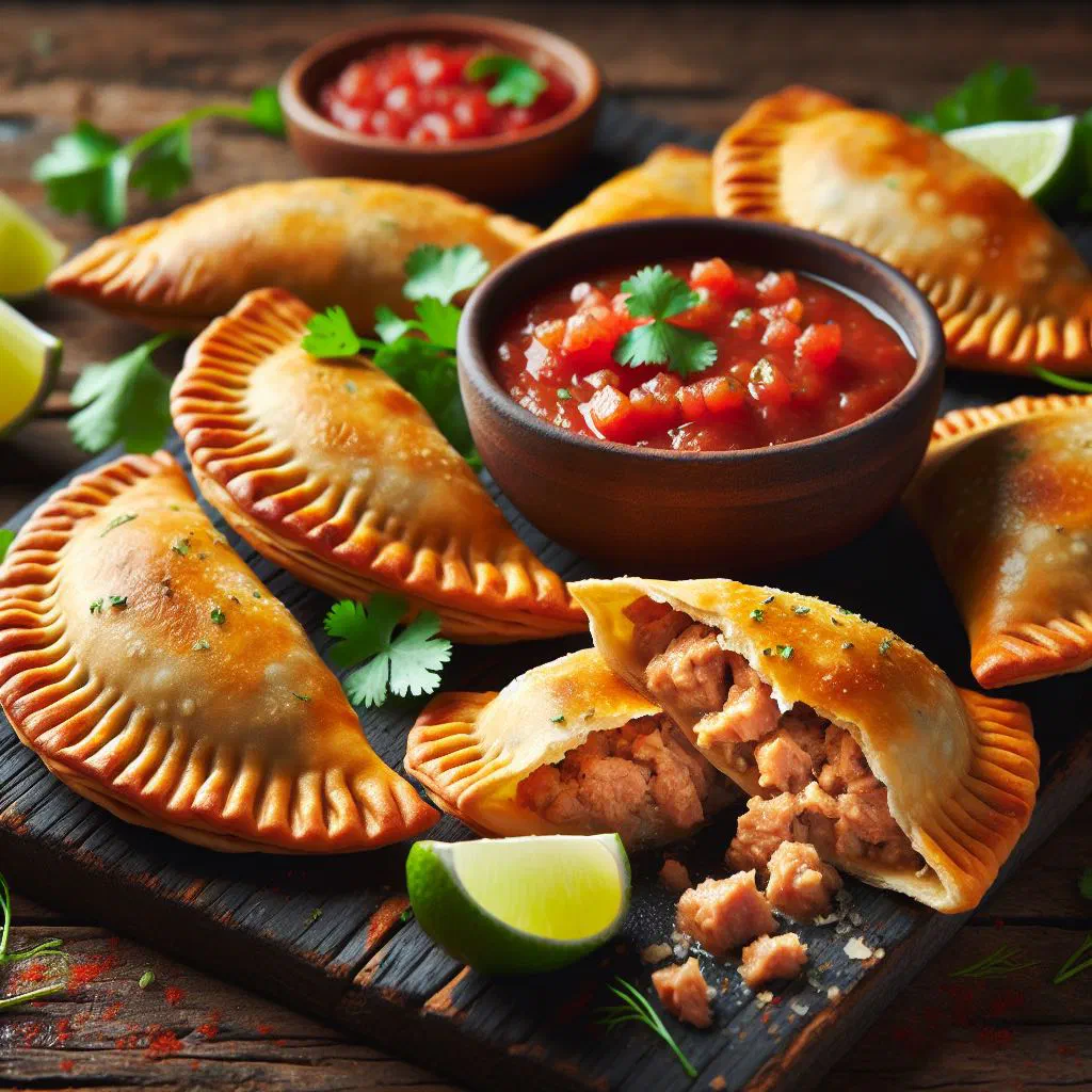 Golden baked tuna empanadas on a plate with lime wedges