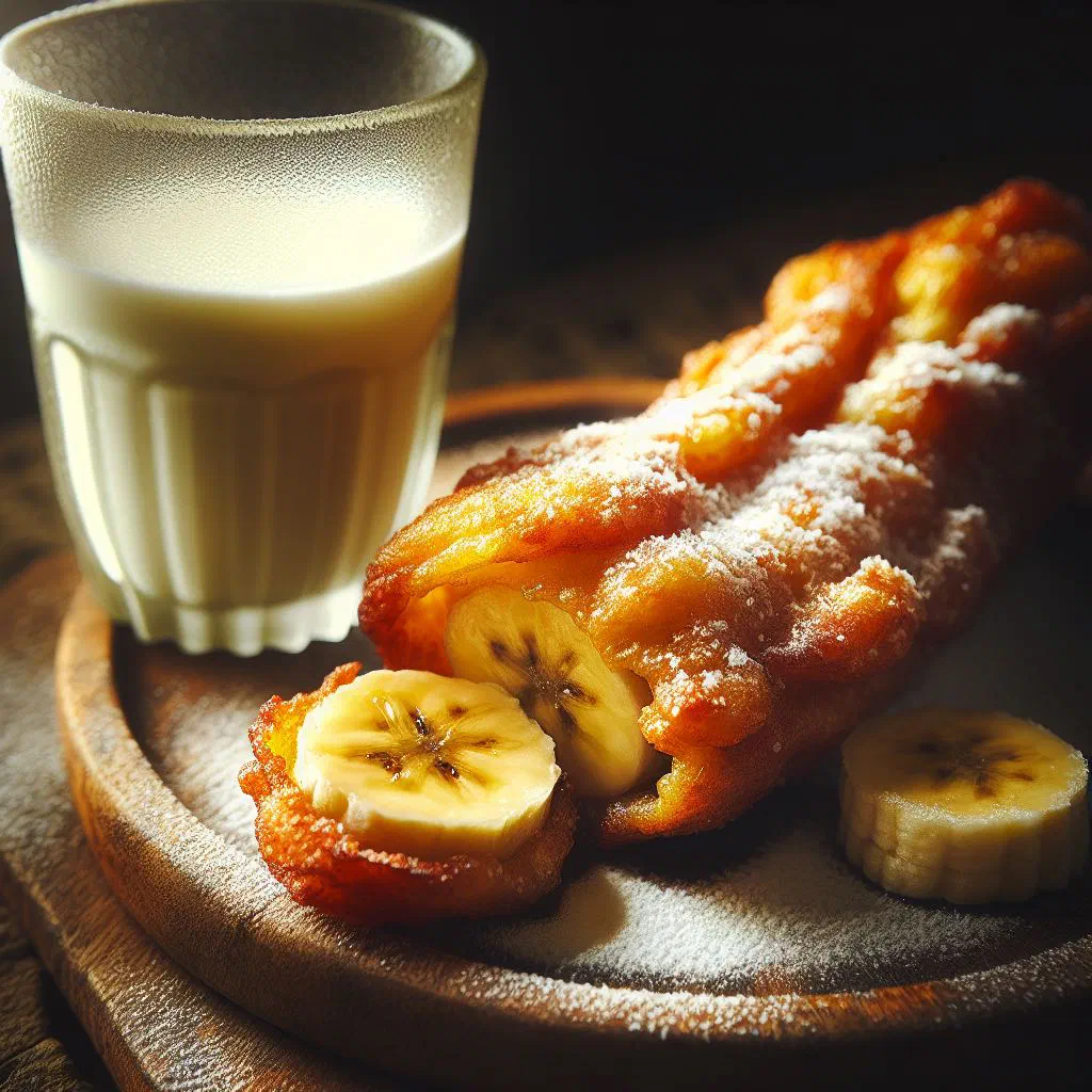 Golden banana fritters dusted with icing sugar on a plate