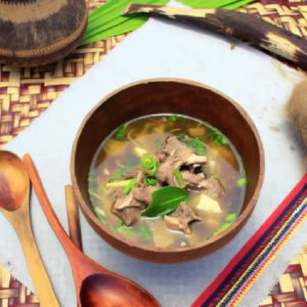 Steaming bowl of Micronesian bat soup garnished with fresh coriander