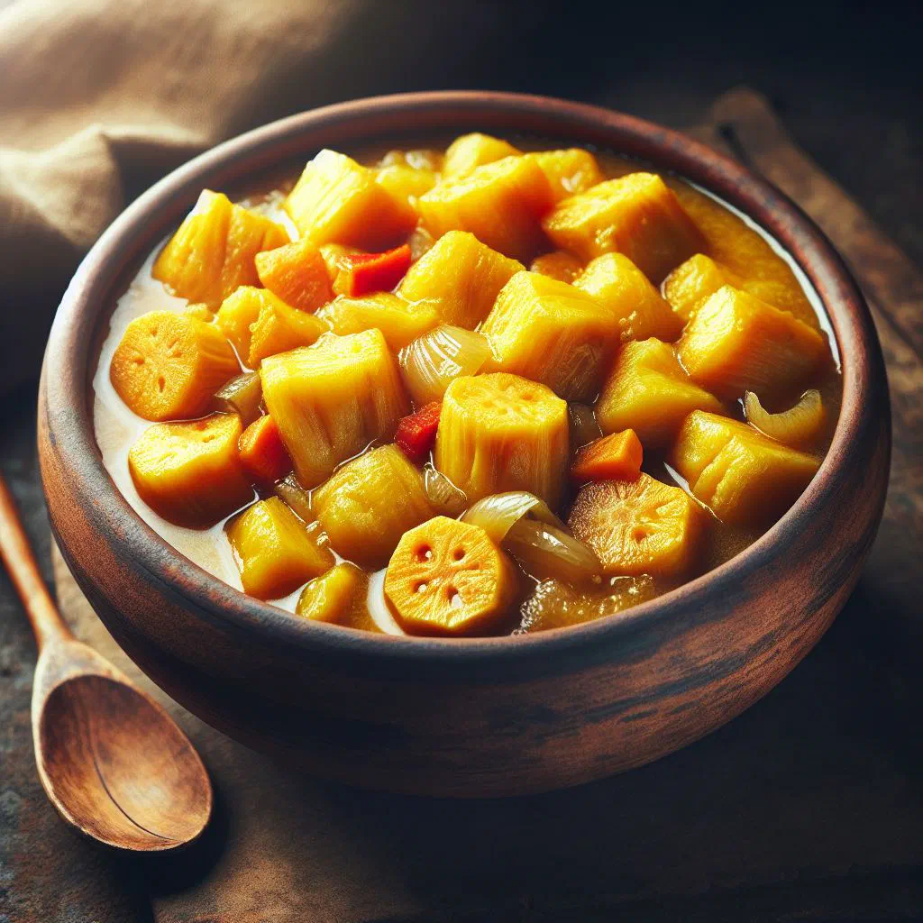Bowl of breadfruit stew in coconut broth garnished with fresh herbs