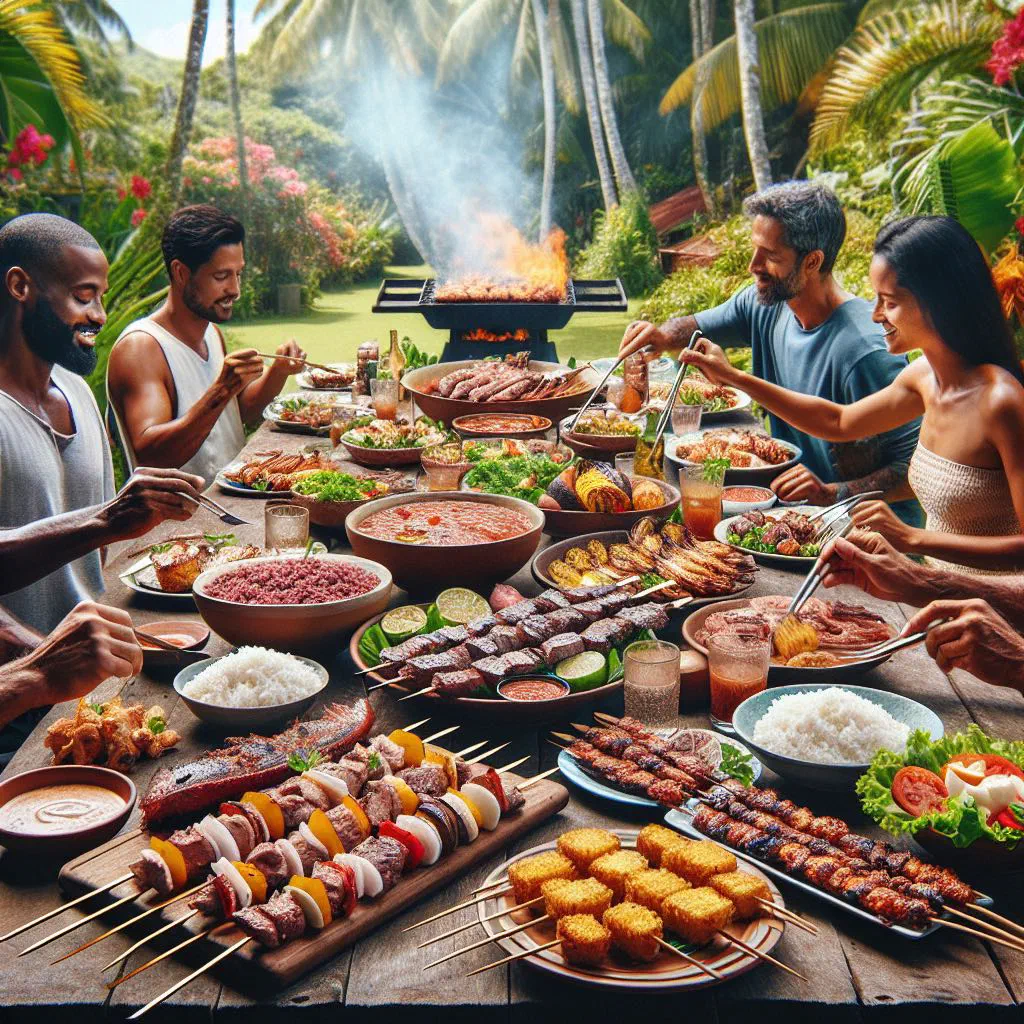 Grilled Chamorro BBQ meat pieces on a wooden board with fresh greens