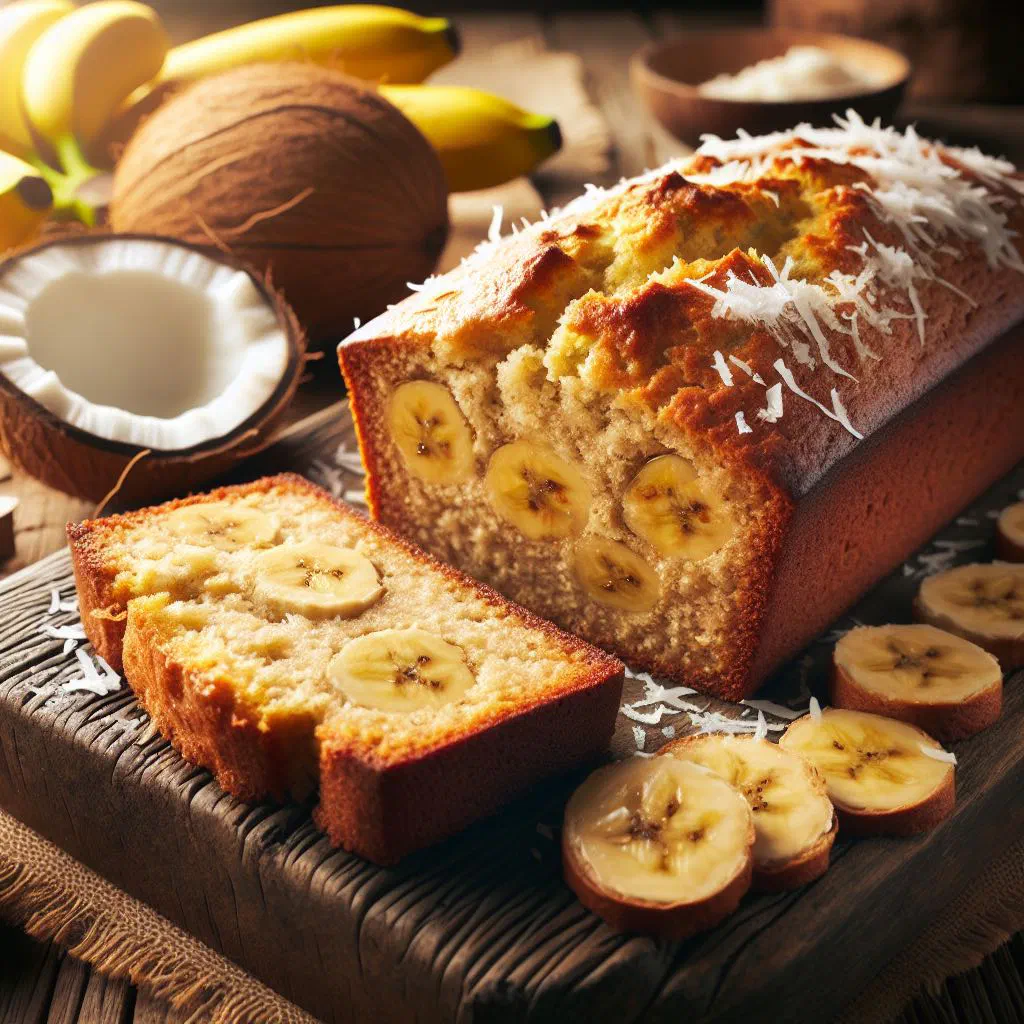 Sliced coconut banana bread on a wooden board with fresh bananas