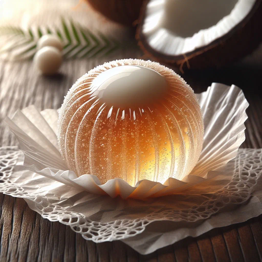 Squares of golden coconut candy on a plate with fresh coconut