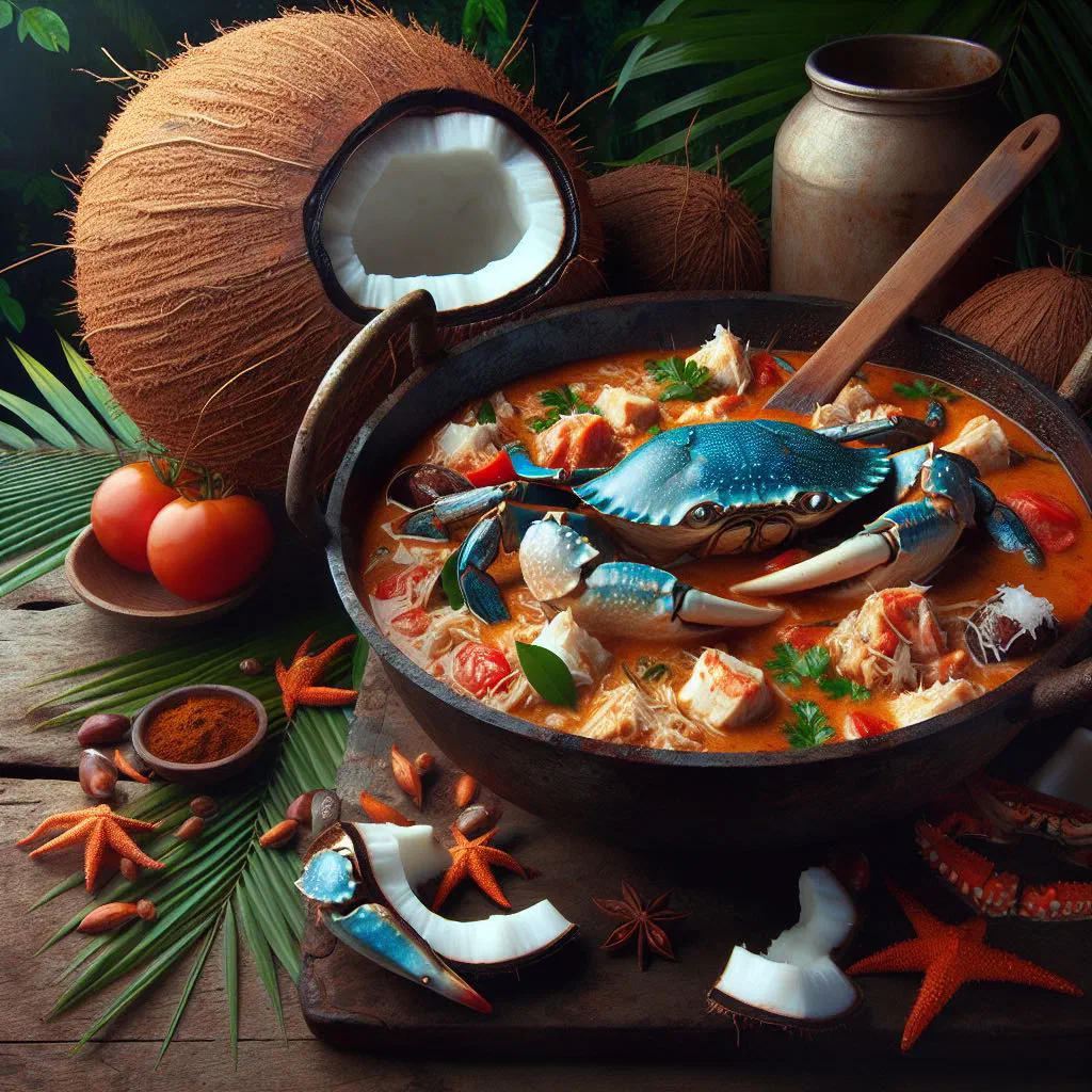 Coconut crab stew in a wide bowl with coconut sauce, lime and fresh coriander