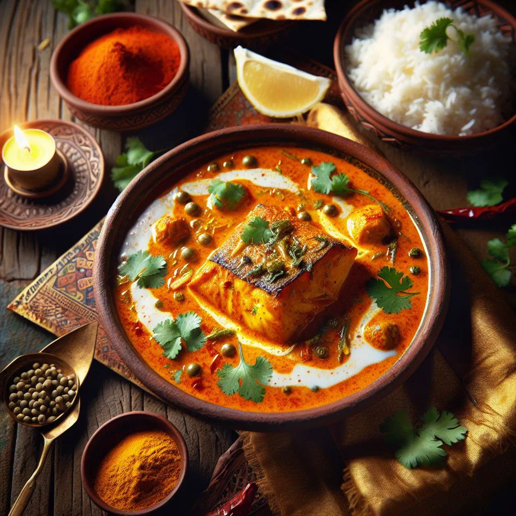 Coconut fish curry in a bowl with fresh coriander and lime
