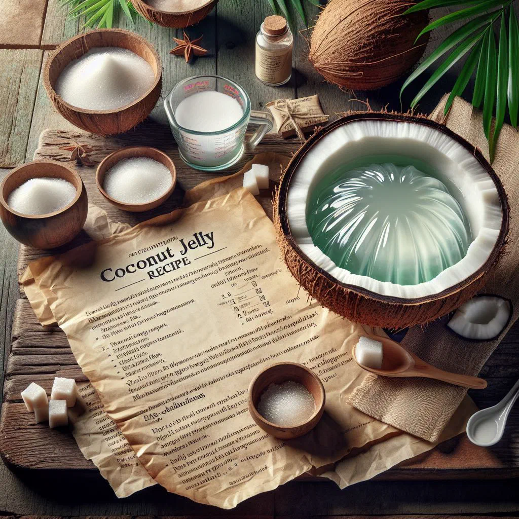 Chilled coconut jelly cubes in small glass moulds garnished with mint