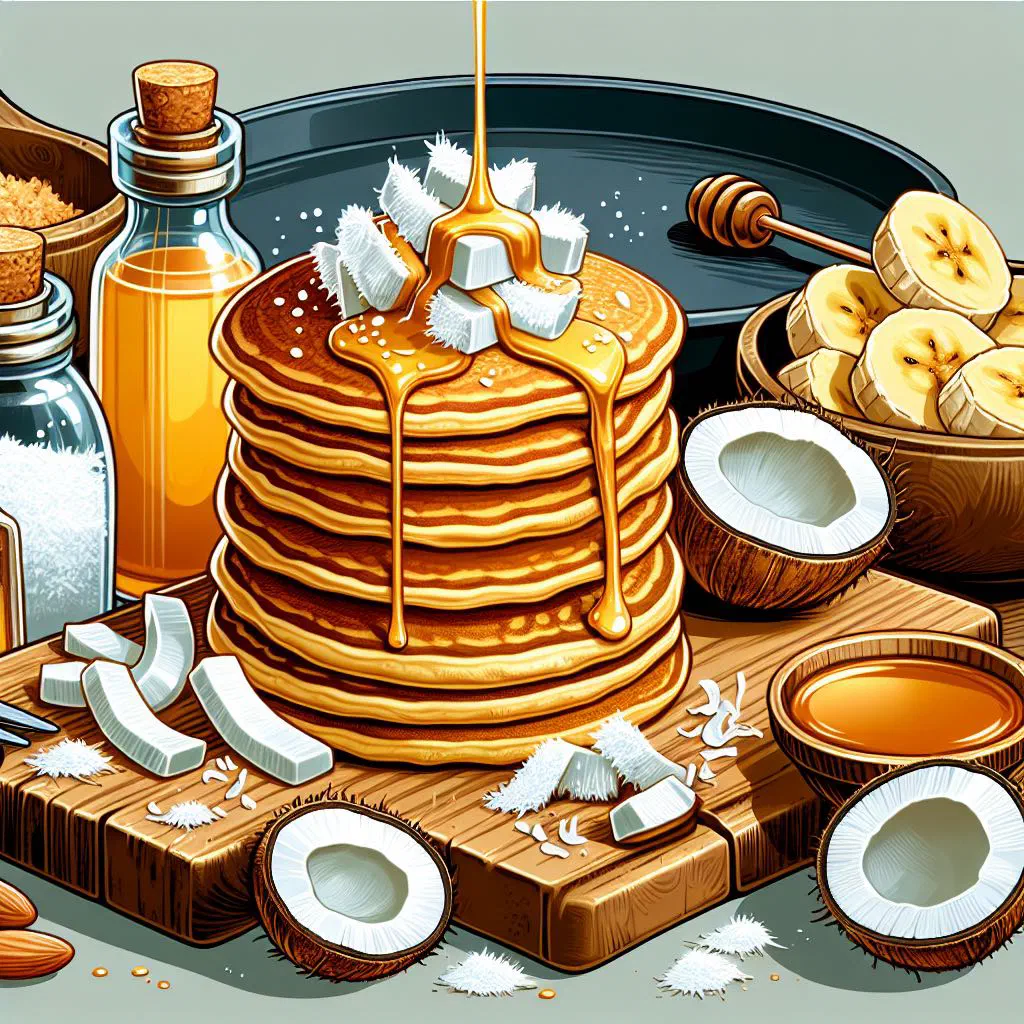 Stack of golden coconut pancakes topped with fresh fruit and syrup