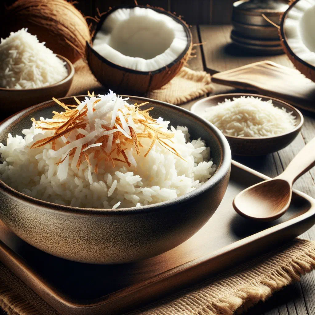 Bowl of fluffy coconut rice garnished with fresh coriander