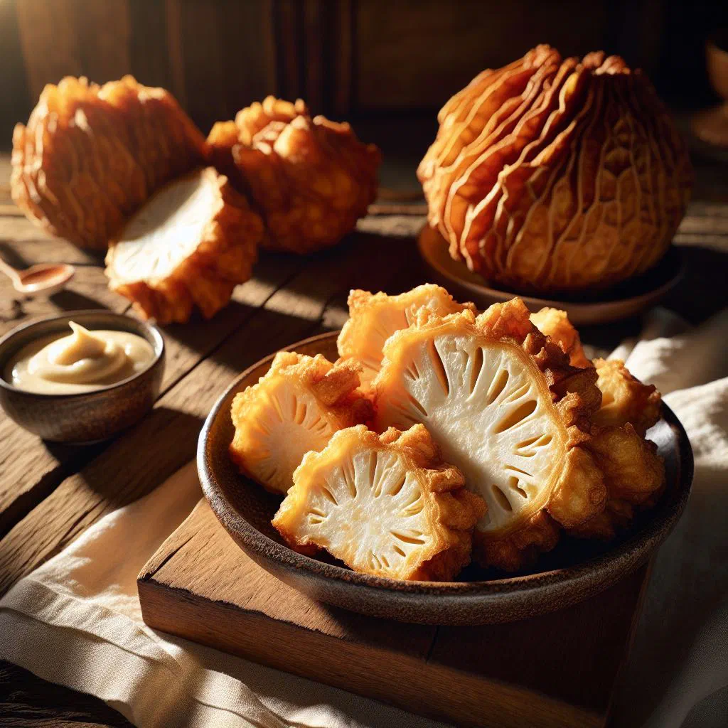 Golden fried breadfruit slices on a plate with fresh herbs